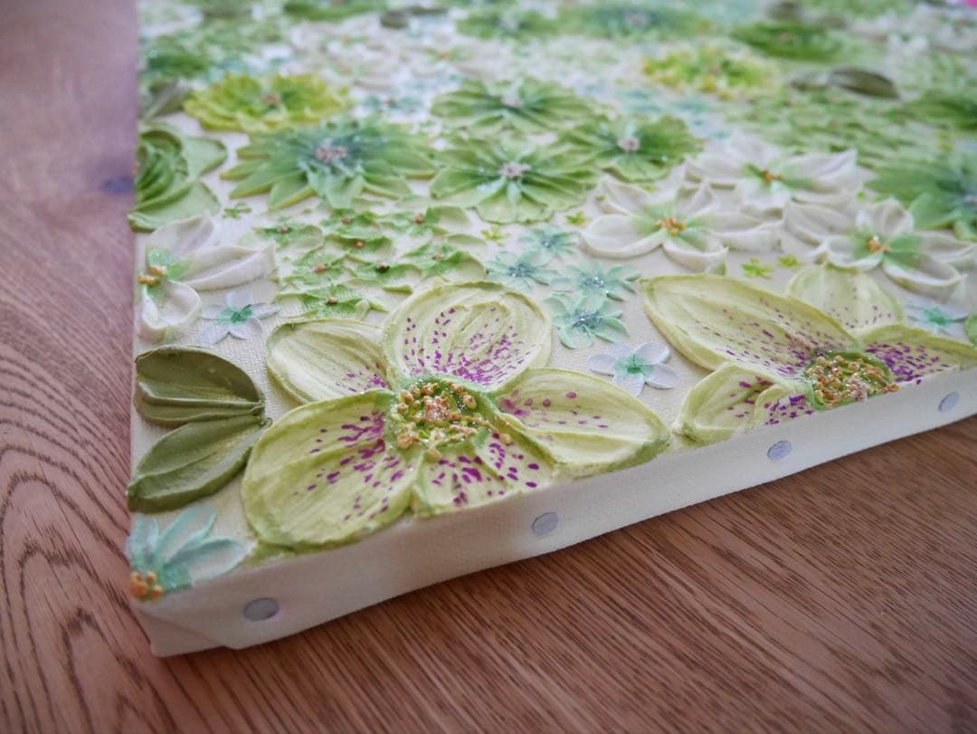 緑系 立体 花柄　アクリルアート テクスチャーアート ボタニカル 緑の花柄