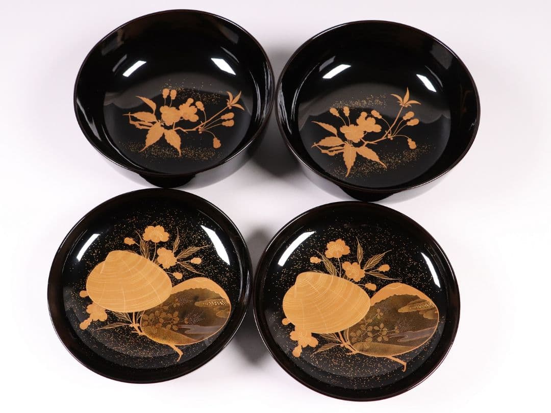 CL72 加賀蒔絵 貝合わせ蒔絵 黒塗椀 二客 蛤 桜 本金 梨地 木製漆器