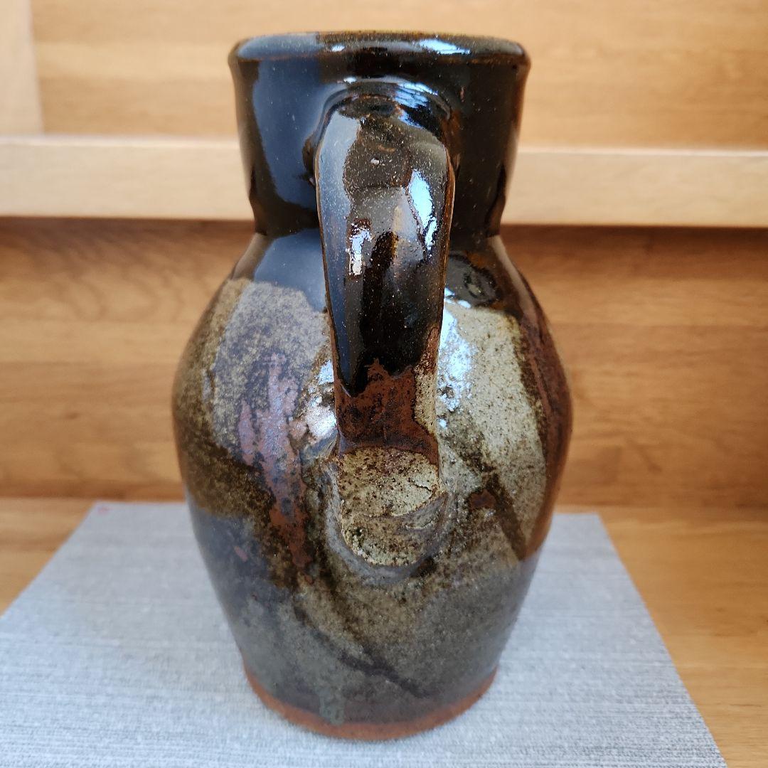 益子焼　村田元　柿黒釉 把手壺　木製箱付き 花器、ピッチャー