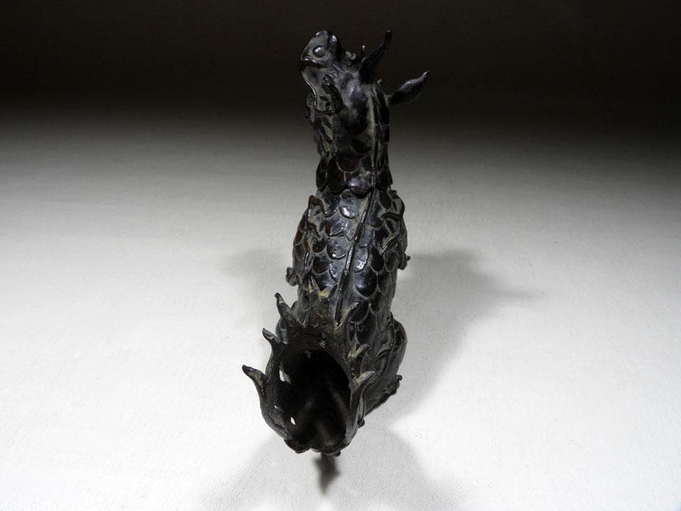 ●貴重 時代物 麒麟銅香炉 神獣 瑞獣 古銅 斑紫銅色 唐金 高さ16.5cm