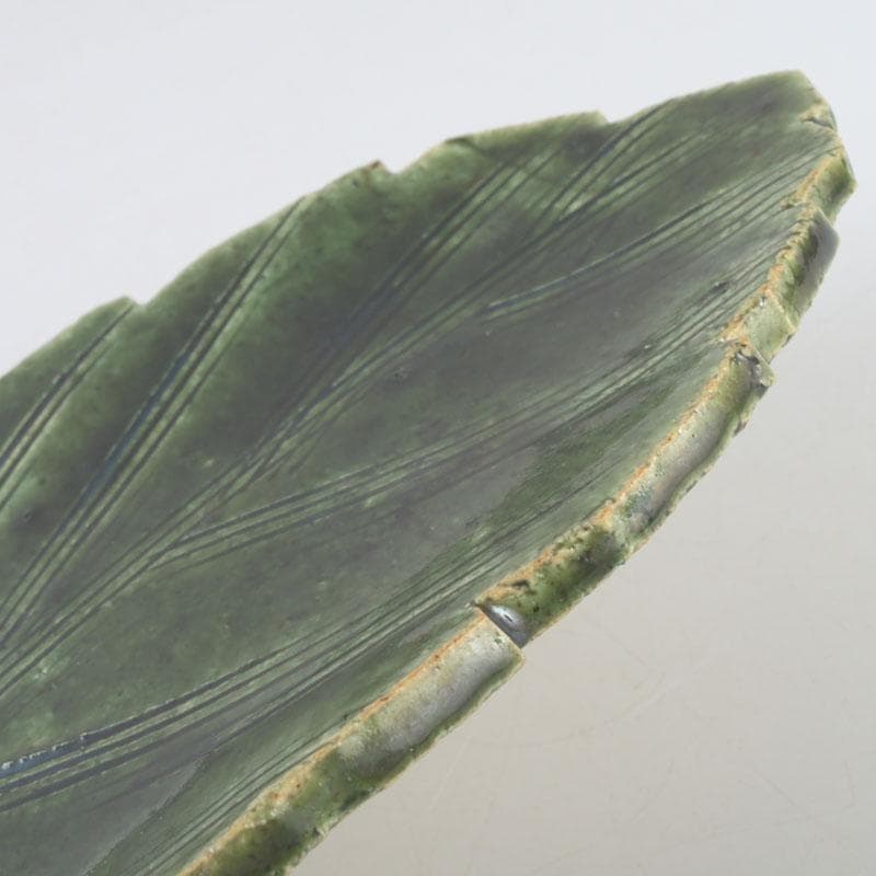 和食器　北大路魯山人作　織部焼　木の葉形　皿　五客　共箱　V　9871