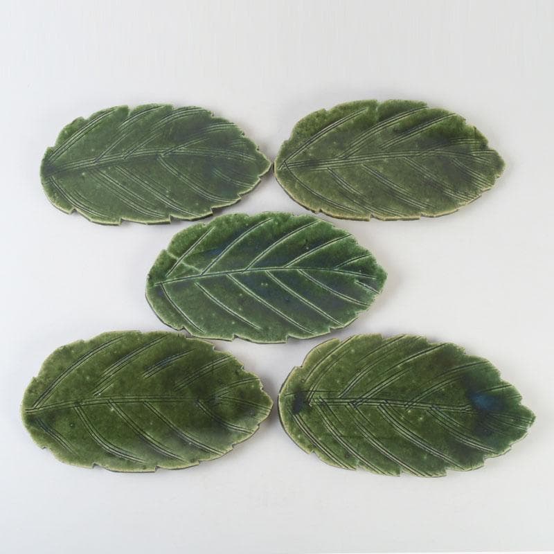 和食器　北大路魯山人作　織部焼　木の葉形　皿　五客　共箱　V　9871