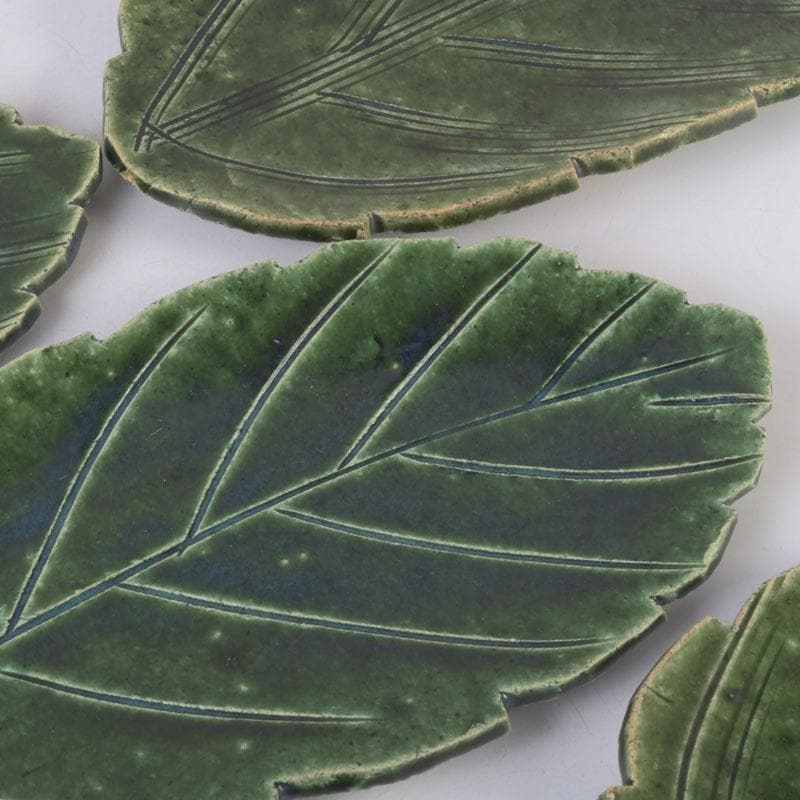 和食器　北大路魯山人作　織部焼　木の葉形　皿　五客　共箱　V　9871