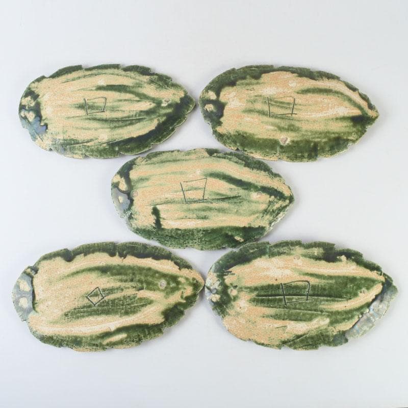 和食器　北大路魯山人作　織部焼　木の葉形　皿　五客　共箱　V　9871