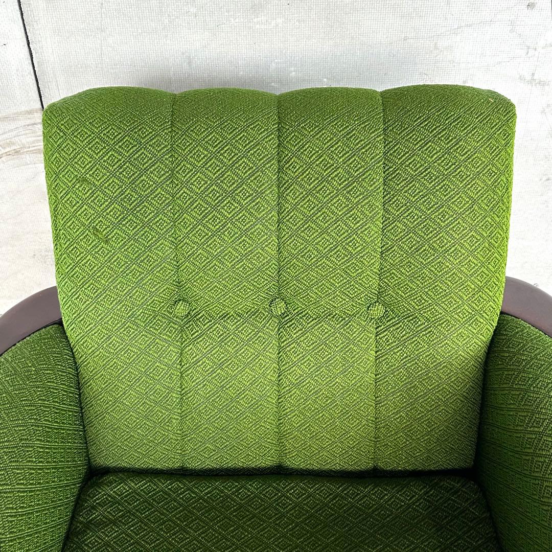 ✦70S✦ 昭和モダン 深緑ファブリック 木肘一人掛けチェア レトロ インテリア