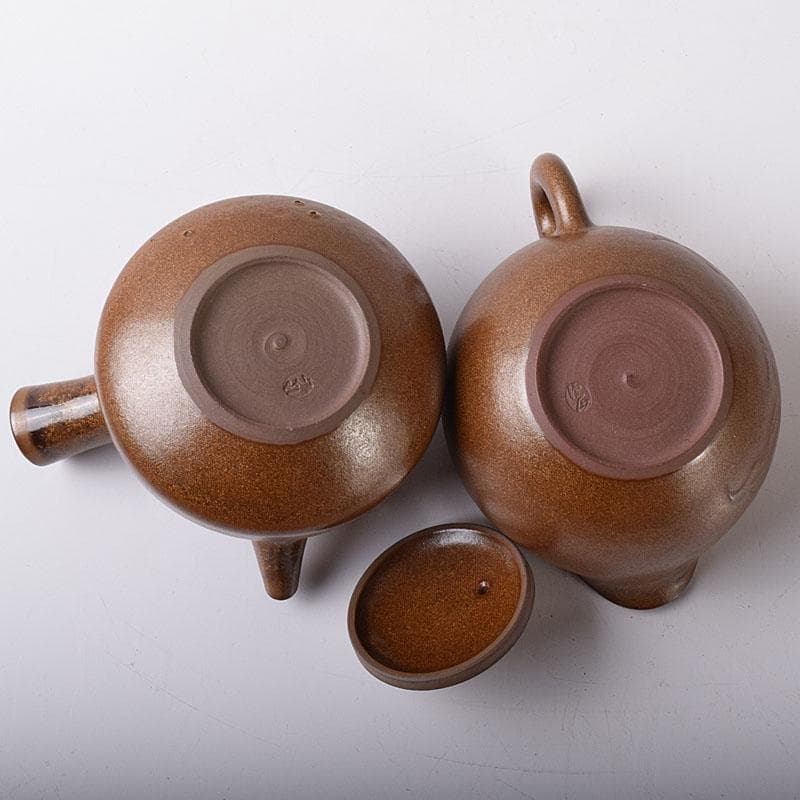 佐渡無名異焼　藤井波山造　朱泥　茶碗五客　急須　湯冷　茶器揃　共箱　VR8436