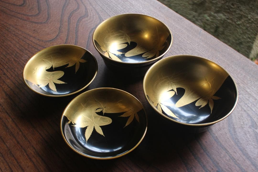 時代逸品！端正な金縁黒漆に極上竜田川蒔絵の映えるお椀2点（検京塗蒔絵椀