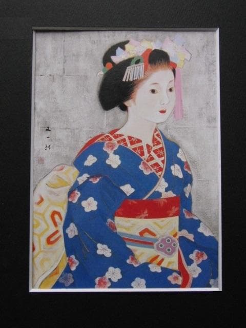磯田又一郎、【風車さす舞妓】、希少な額装用画集より、新品額装付、状態良好