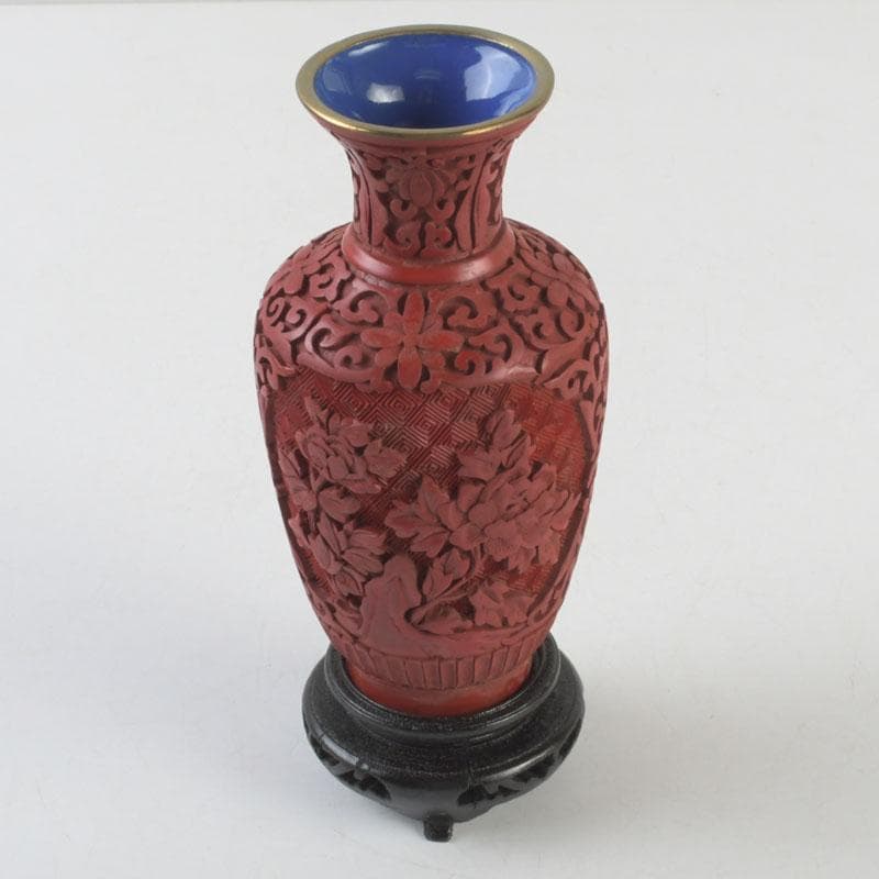 中国　剔紅　堆朱　内七宝　花文　花瓶　唐木台付　V　9255