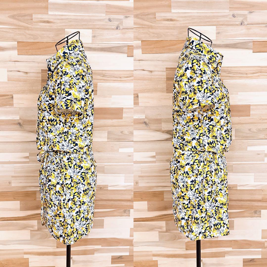 美品【キャロウェイ】花柄 半袖ポロシャツ ワンピース 総柄 ゴルフ S 黄×白