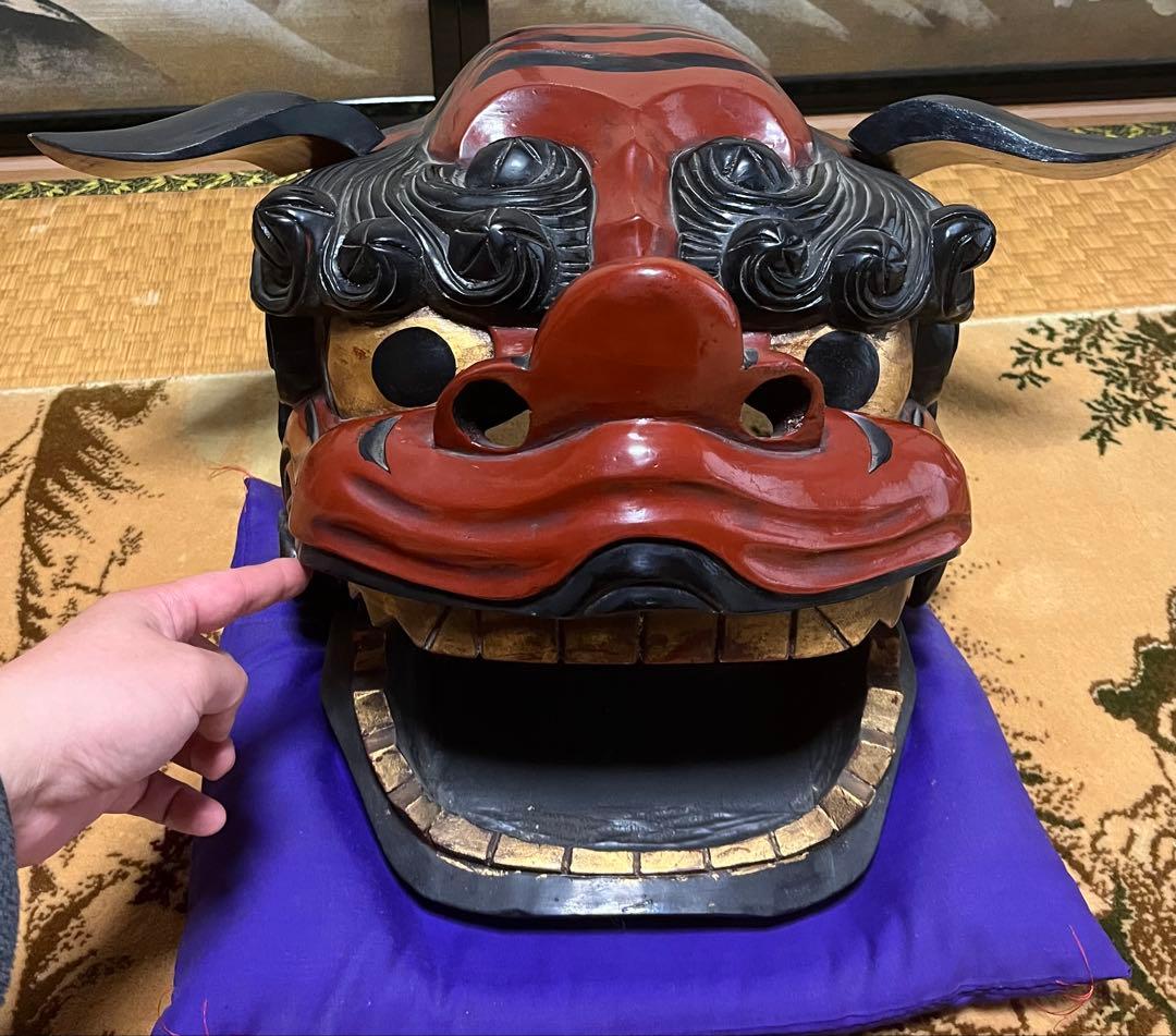 【木彫りの獅子頭】獅子舞　開閉式　縁起物　雌雄片方づつの出品　②