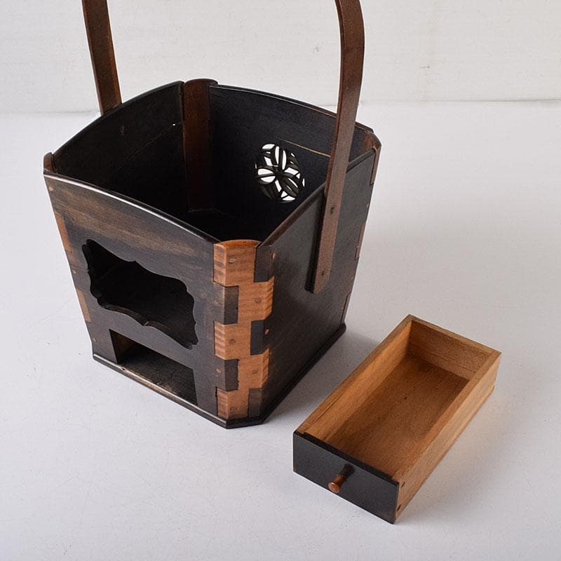 茶道具　唐木縞黒檀製　持ち手付煙草入　煙草盆　C　R7616C