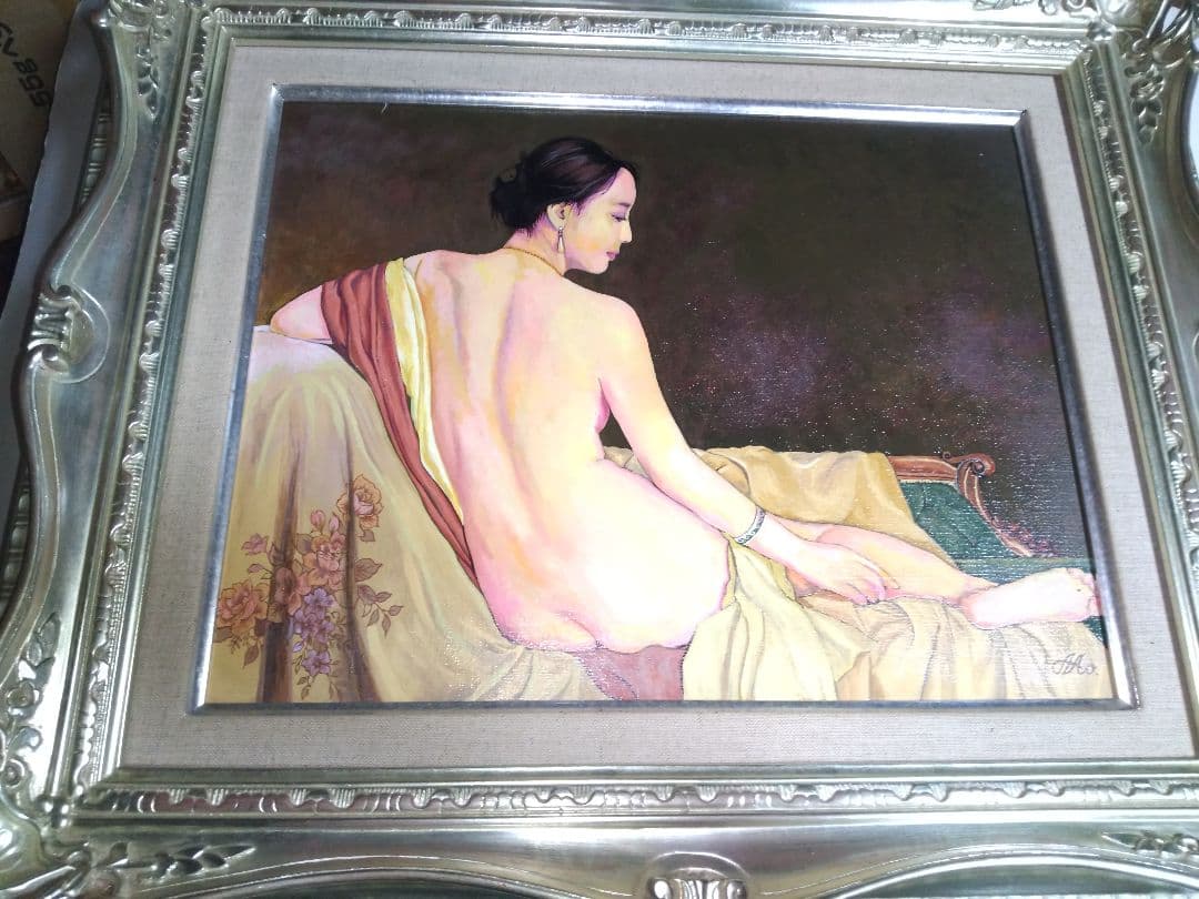 森本草介、絵画、美人画、油彩６号、裸婦、憩いの時、高級額縁、肉筆、高塚省吾。