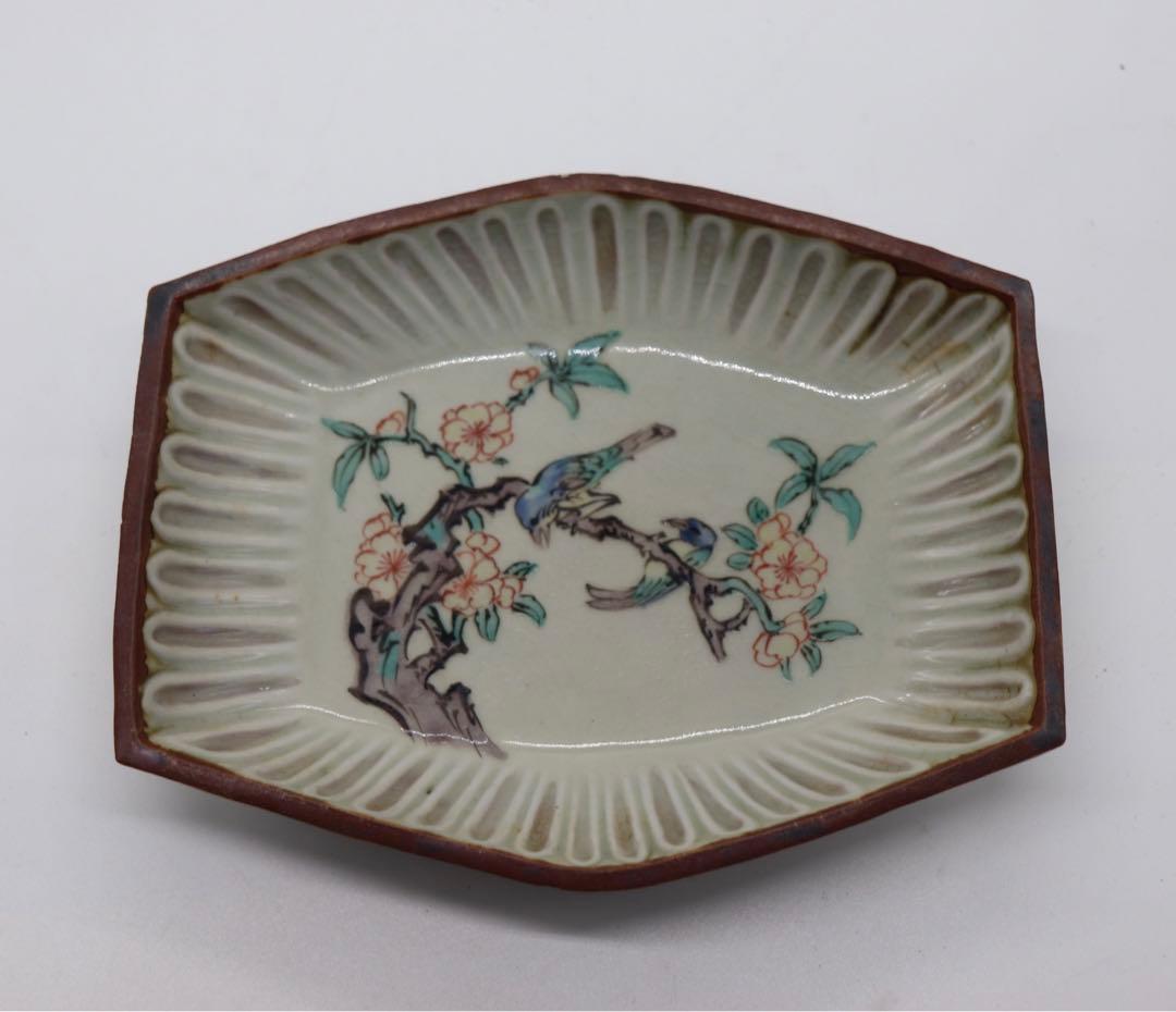 江戸　九谷焼菱型小皿5点　花鳥紋　送料込み0211