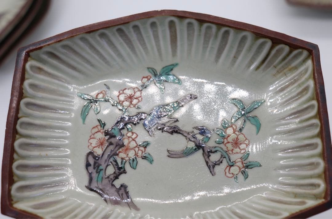 江戸　九谷焼菱型小皿5点　花鳥紋　送料込み0211