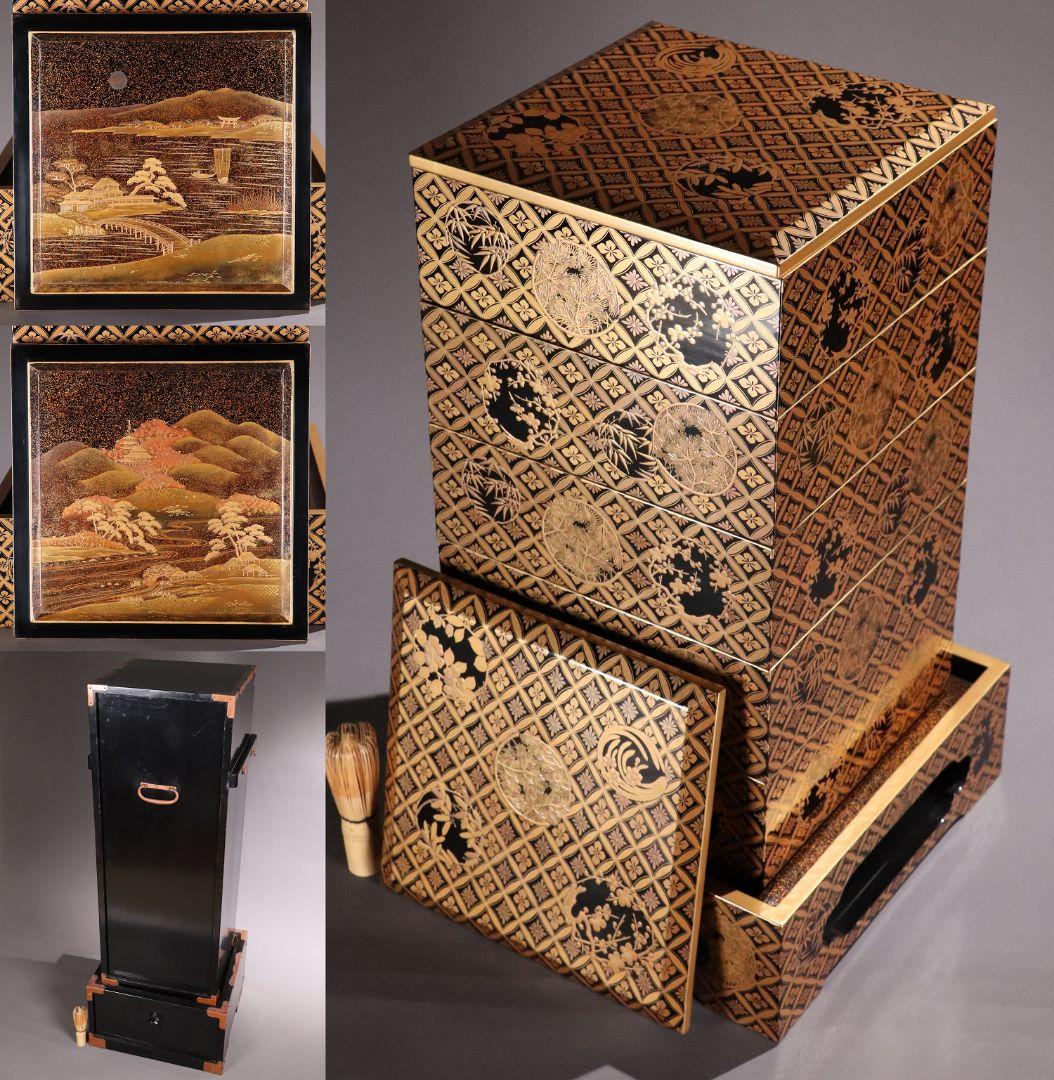 MA322 時代木製漆器 総蒔絵総梨地 花七宝 花の丸蒔絵 五段重 山水 二枚蓋