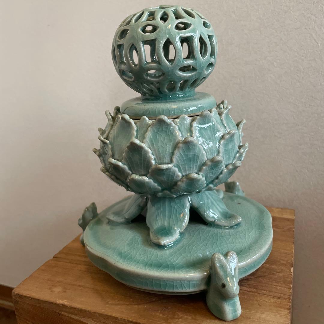 海青造 青磁蓮香炉 透し火屋七宝文 三兎台 ★時代物★