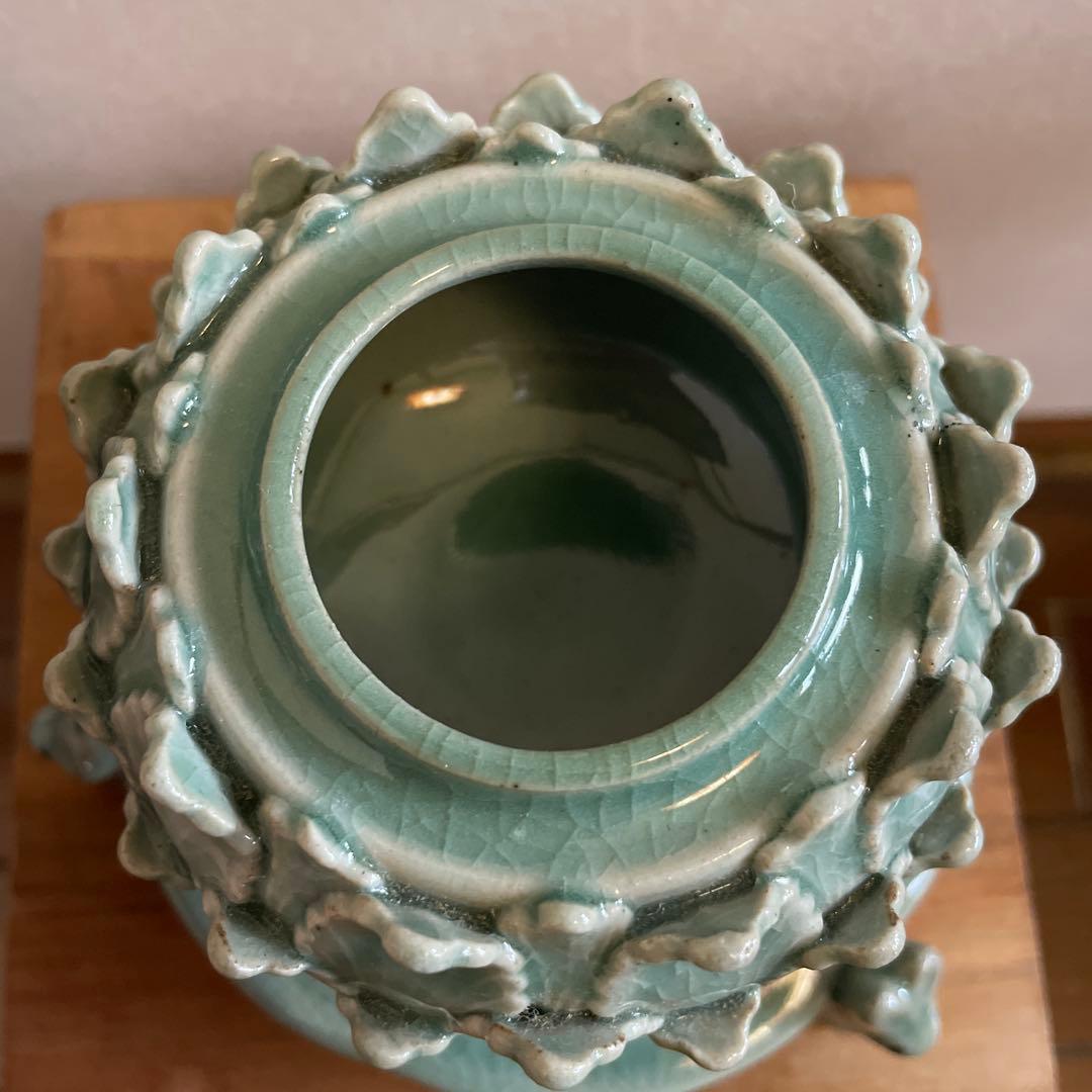 海青造 青磁蓮香炉 透し火屋七宝文 三兎台 ★時代物★