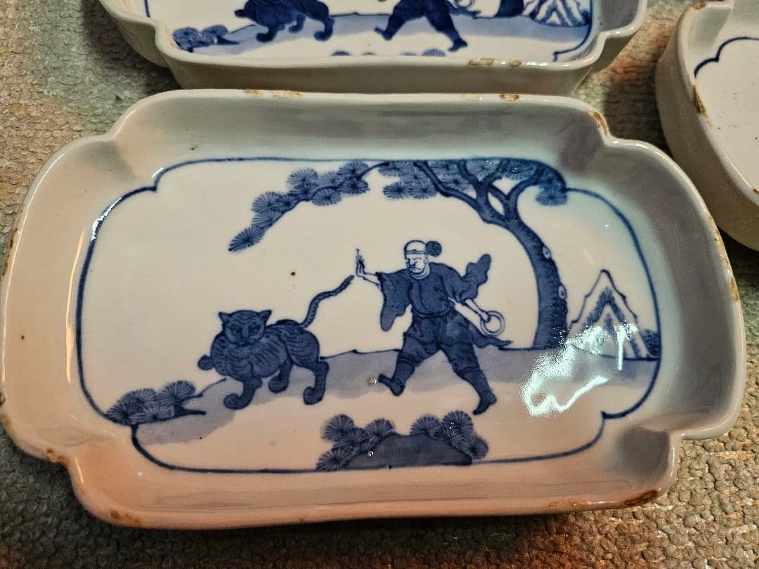 明治 古伊万里？ 京焼？ 古染付け写し 懐石用 虎に人 5客セット