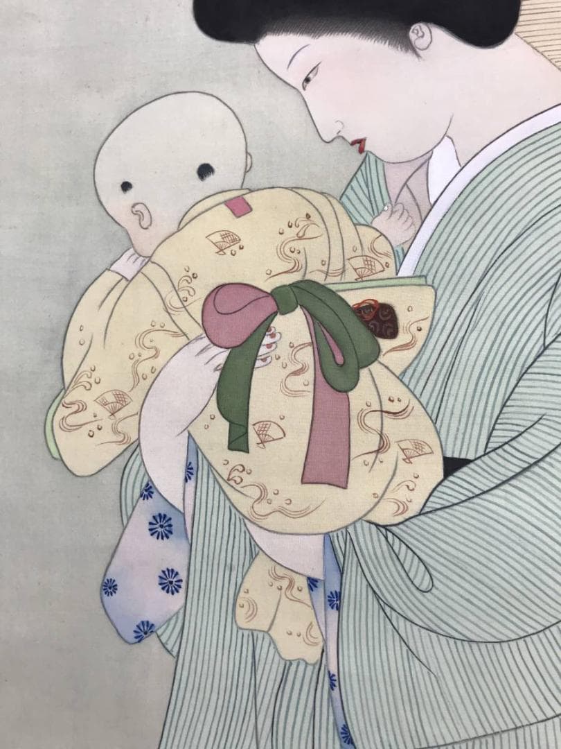【真作】伊達盤雨/母子の図/美人画/掛軸/名家伝来/AD-136