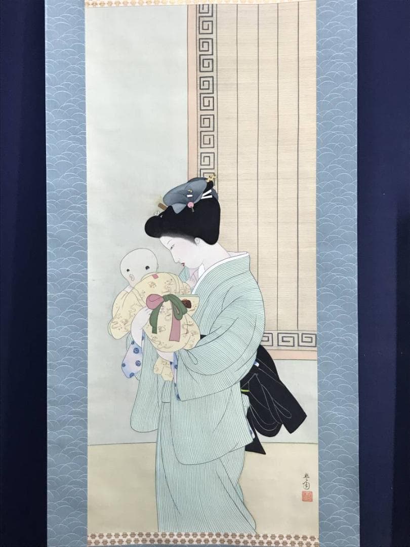 【真作】伊達盤雨/母子の図/美人画/掛軸/名家伝来/AD-136