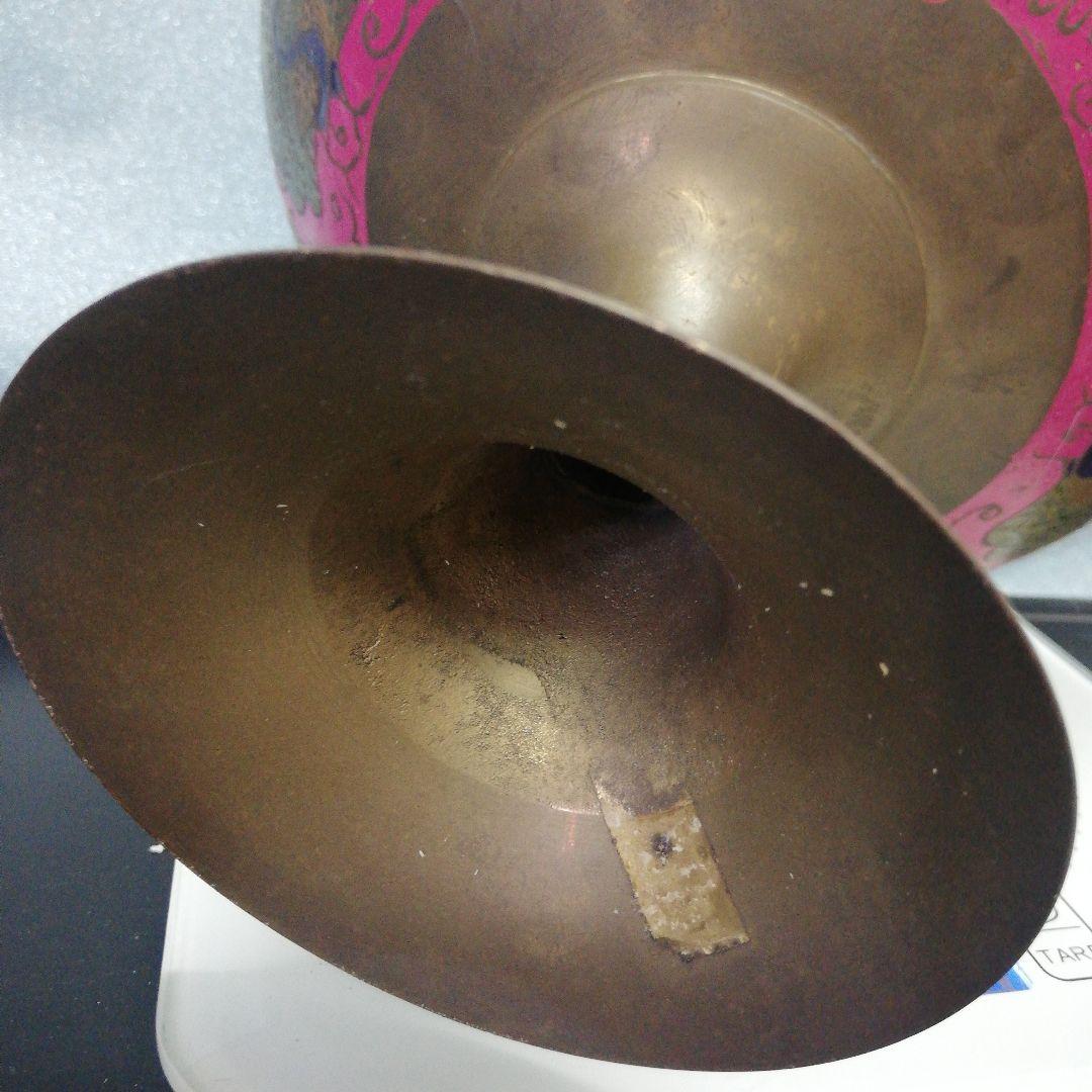 稀少アジアンアンティーク時代彩色孔雀他図柄古銅真鍮製杯台１００年以上前頃当時物