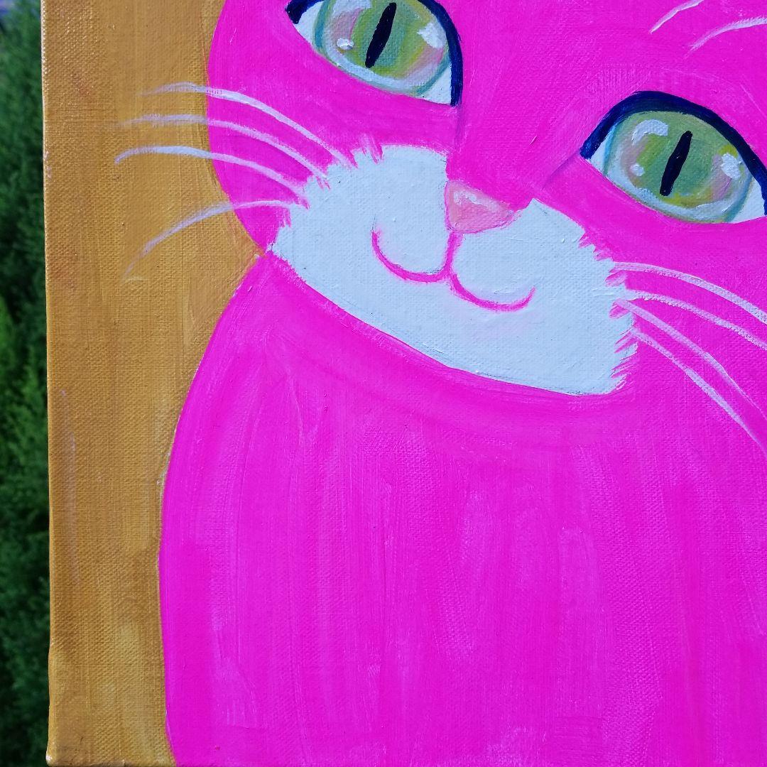 油絵　マミ　幸せを呼ぶピンク色の猫