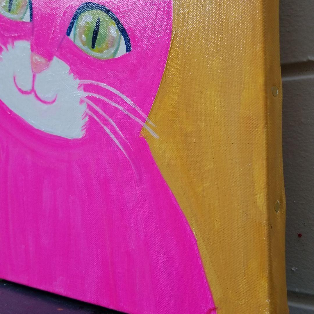 油絵　マミ　幸せを呼ぶピンク色の猫