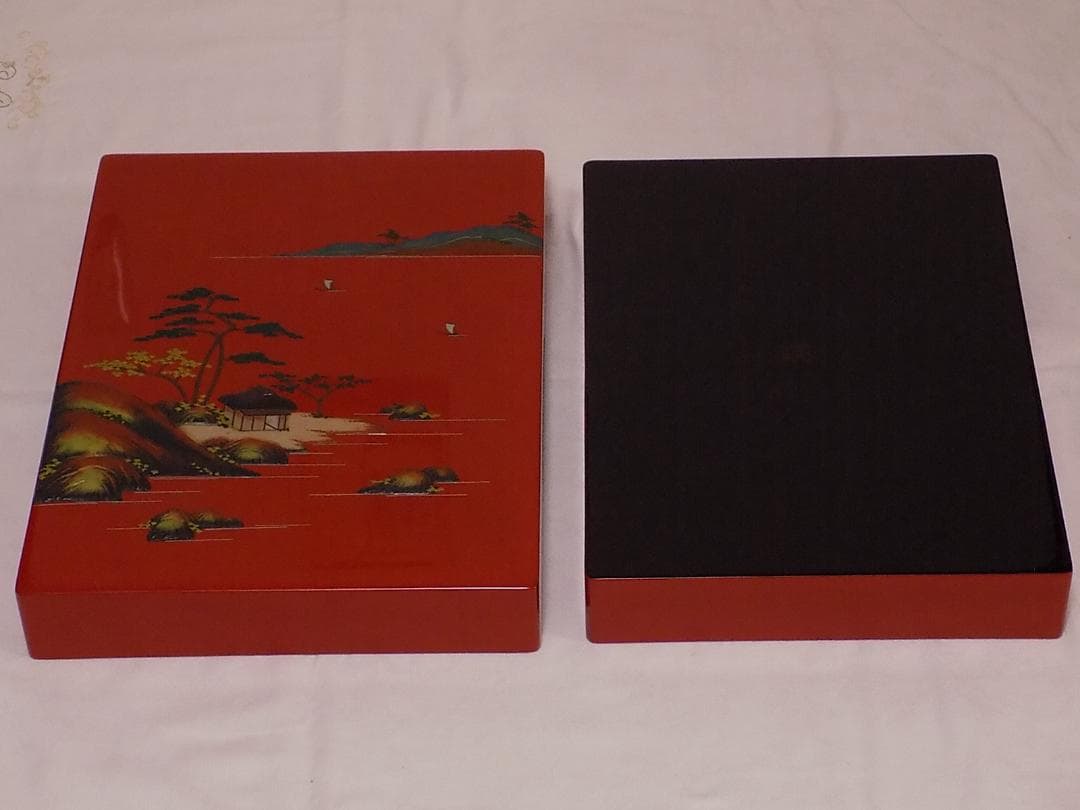 角萬　琉球漆器　堆錦山水　文箱　新品未使用