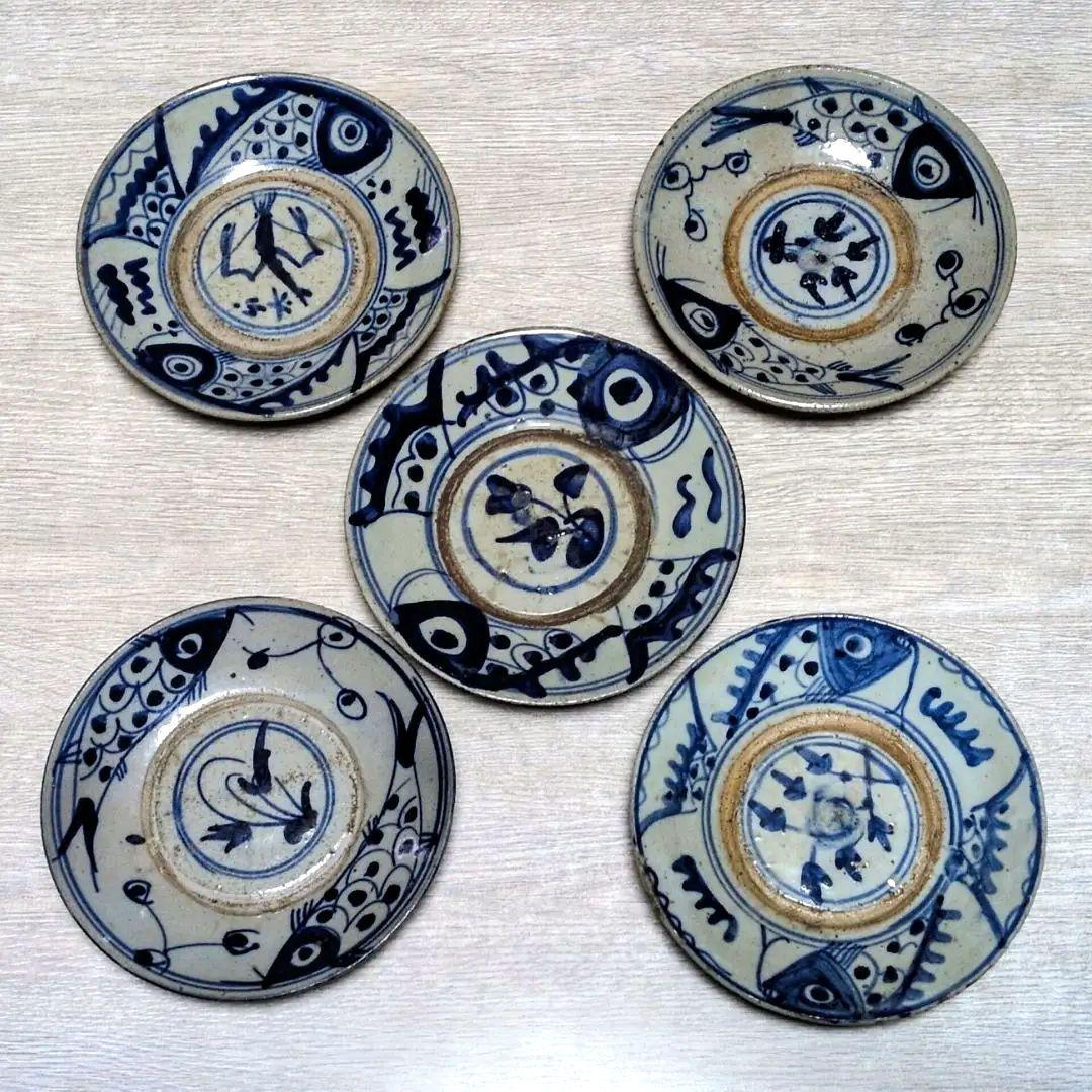 安南 魚紋小皿 染付 手描き 5枚 骨董