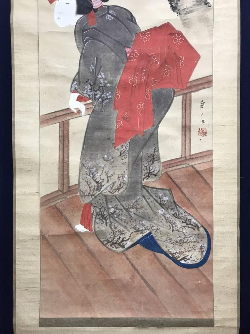 【真作】戴山/桜下美人図/美人画/浮世絵/掛軸/名家伝来/AC-144