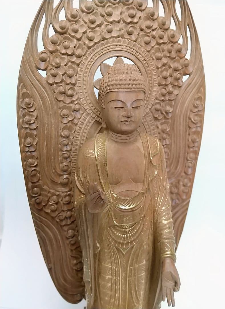 阿弥陀如来立像 6寸#451 舟型来迎雲文光背◆白檀 木彫 仏像