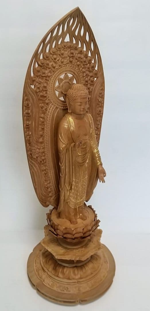 阿弥陀如来立像 6寸#451 舟型来迎雲文光背◆白檀 木彫 仏像