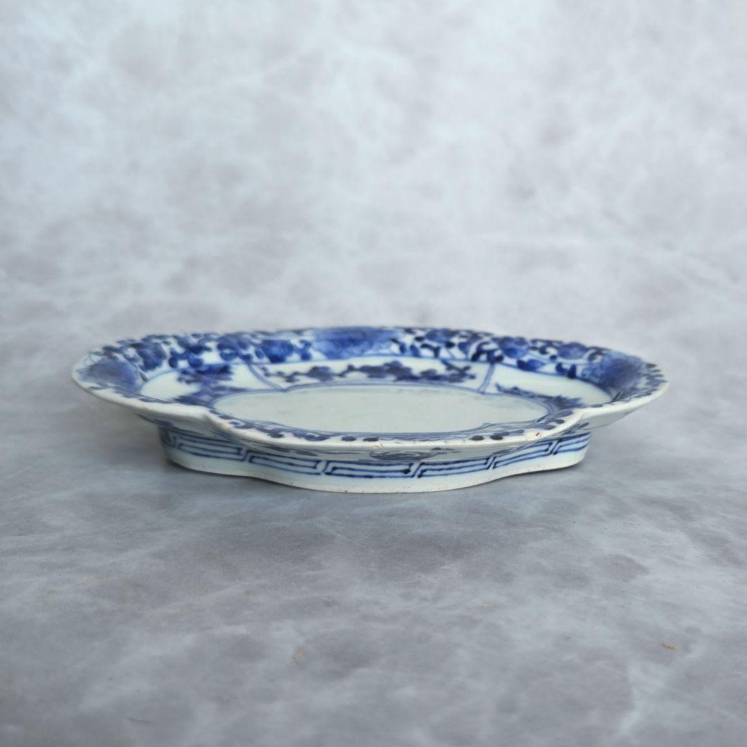 古伊万里　染付　花唐草　変形　小皿　江戸時代　金直し　金継ぎ　骨董　アンティーク