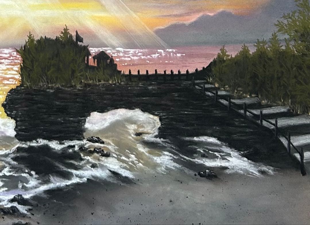 夕陽を眺める景色 パステル画 原画 54.0×39.5
