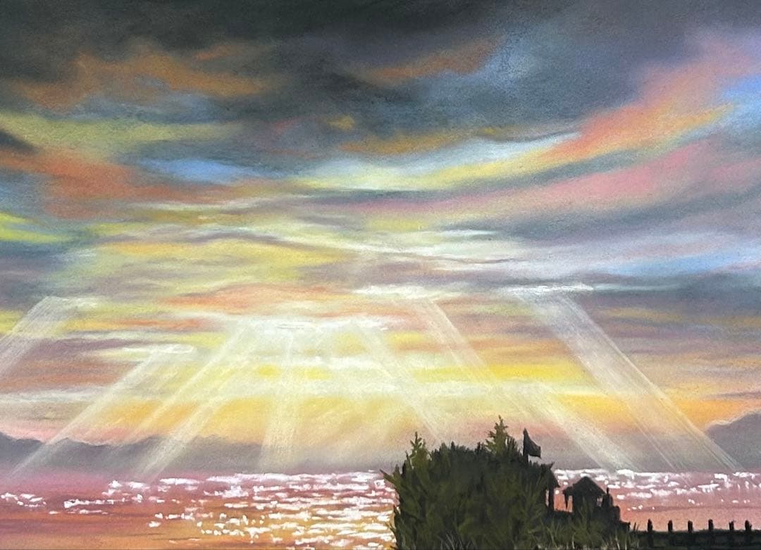 夕陽を眺める景色 パステル画 原画 54.0×39.5