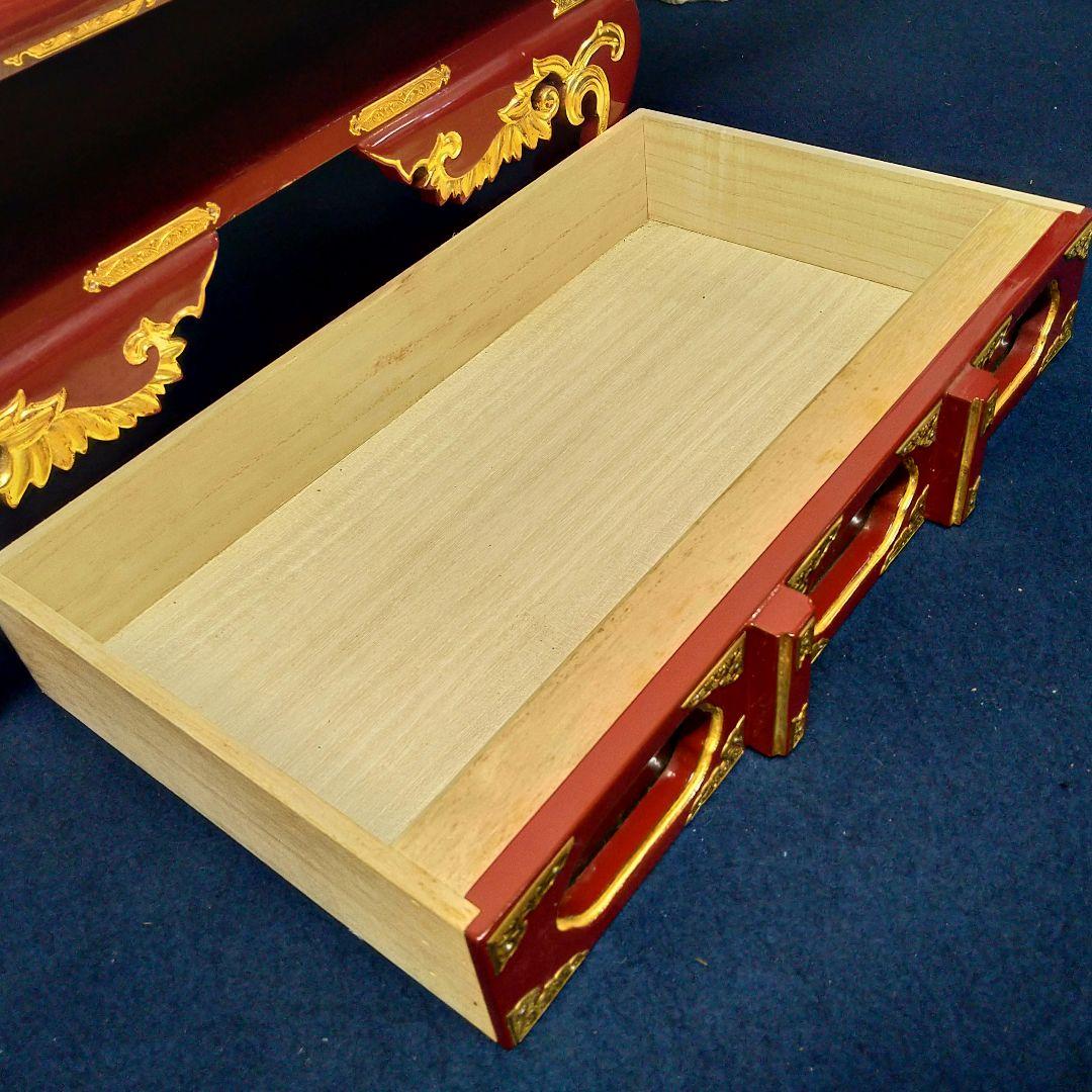 A729 経机 赤塗 朱塗 金箔鍍金 供物台 仏壇前机 木製 天板 ガラス付