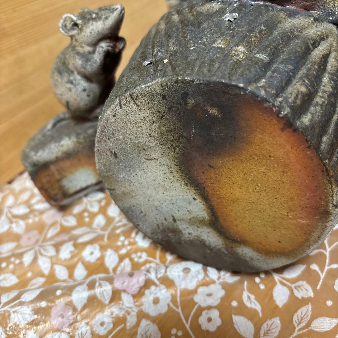 藤原陶臣 備前焼 子置物　打ち出の小槌に鼠