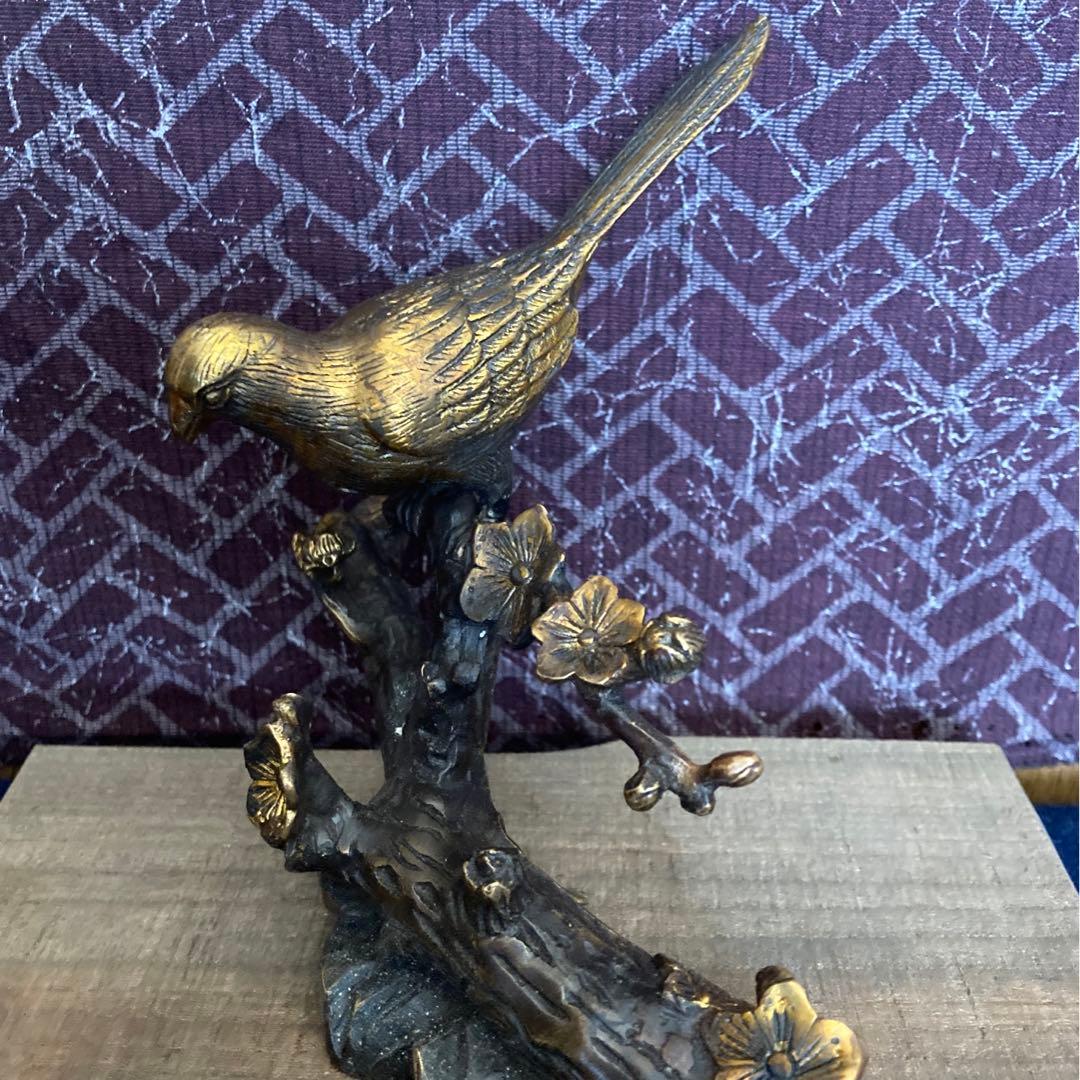 乾隆年製　銅製梅に鶯置物　木製台