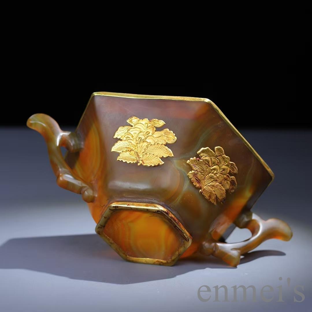 中国古美術 天然瑪瑙嵌 銅製菓子碗 供物器 描金 茶道具 古置物 古賞物 古擺件