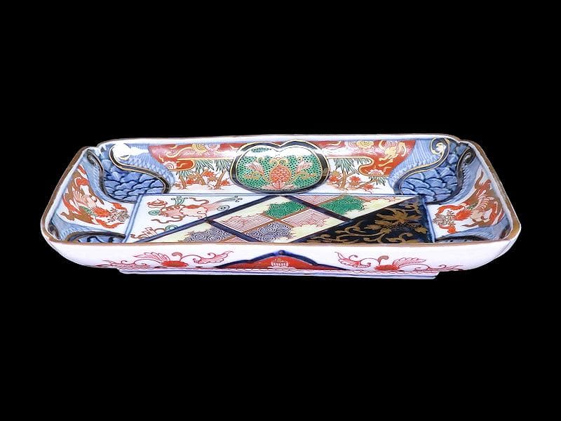 大聖寺伊万里　金襴手　宝尽くしに鳳凰　石畳紋の図　長皿　1296AS-DCn