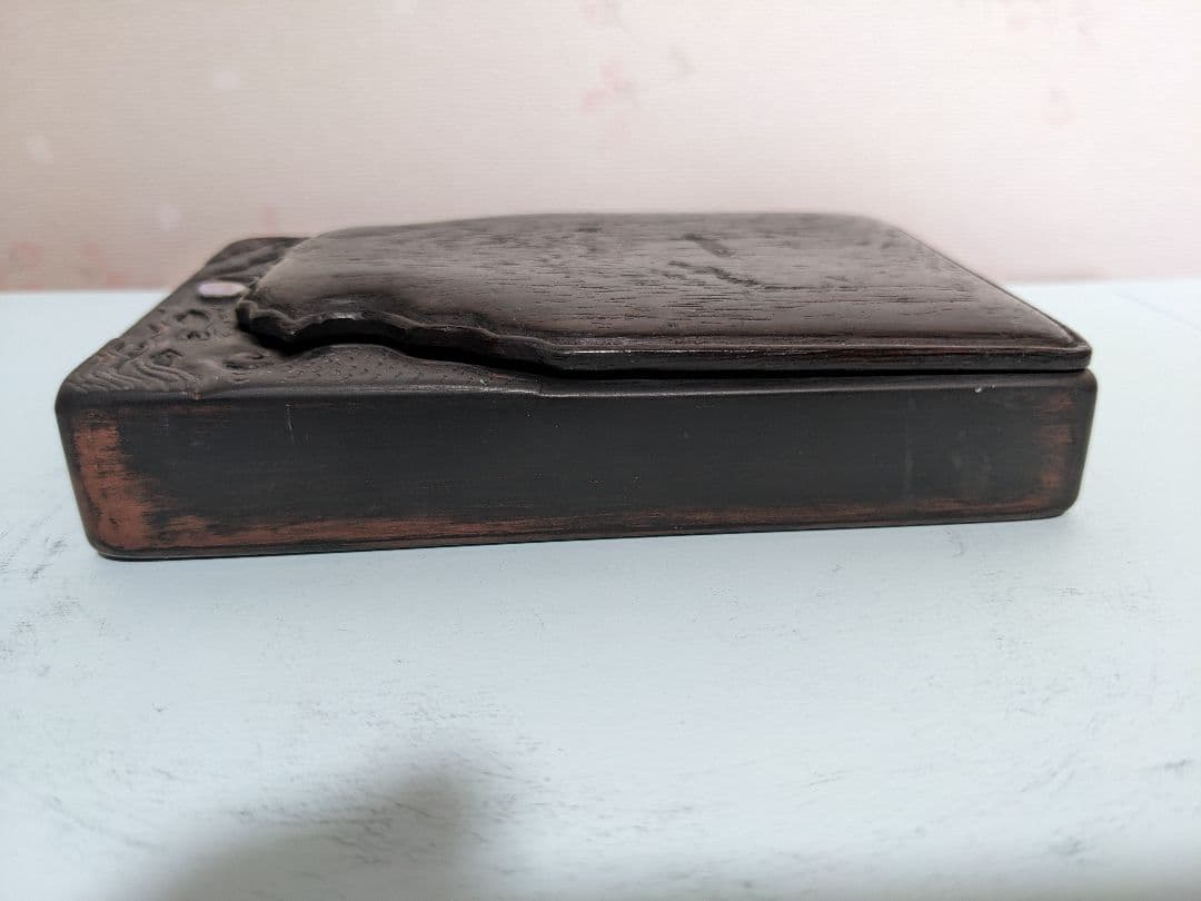 ♦中国硯 古玩 硯蓋 縞黒檀 龍文様硯 文房四宝 古美術品 アンティーク 骨董品