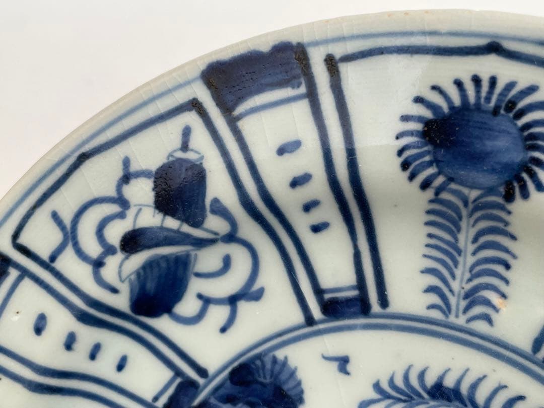 骨董　アンティーク　古伊万里　染付　芙蓉手　飛蝗図　七寸皿　箱付き　渦福