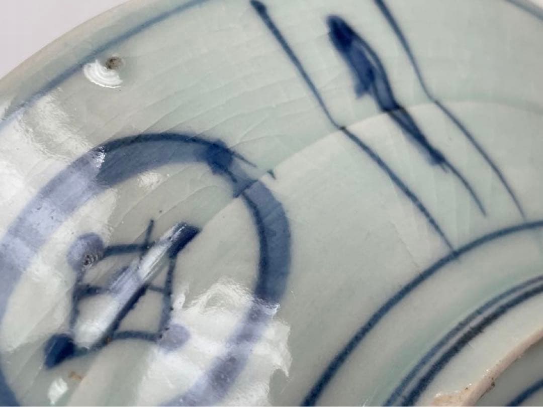 骨董　アンティーク　古伊万里　染付　芙蓉手　飛蝗図　七寸皿　箱付き　渦福