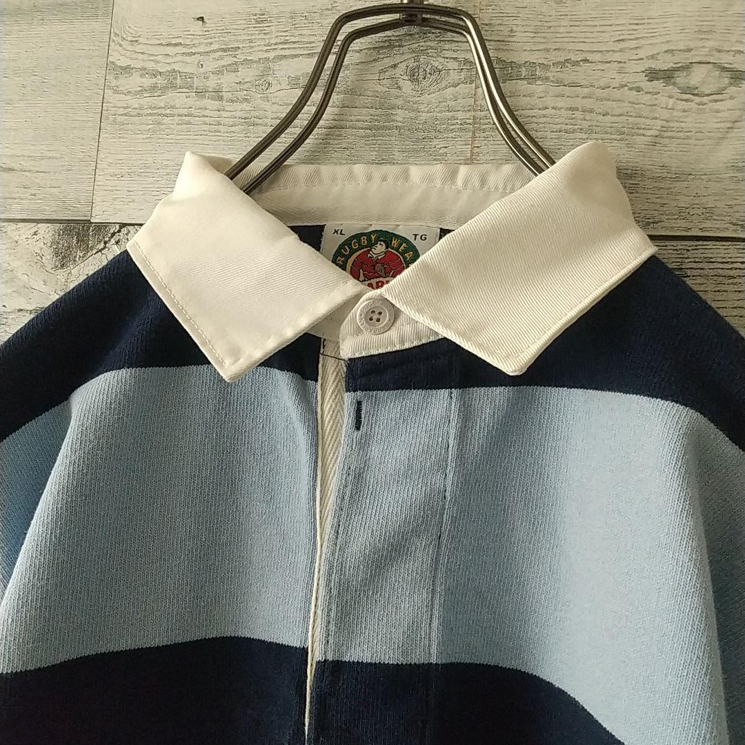 人気サイズ☆バーバリアン 太ボーダー 刺繍 米企業ロゴ ラガーシャツ XL