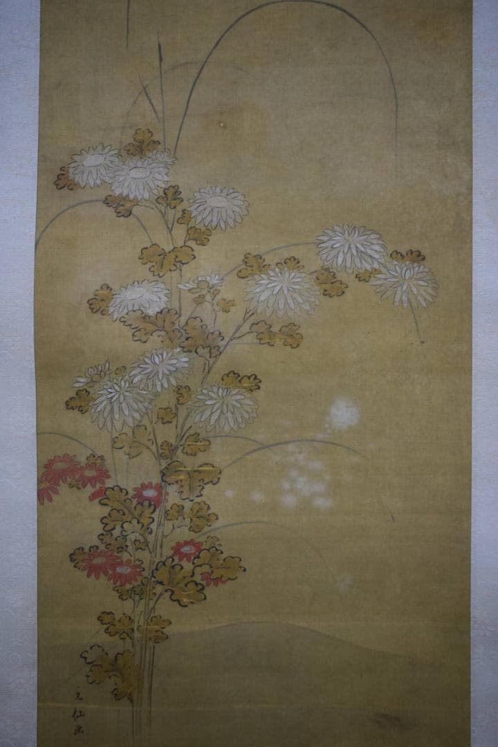 真作/狩野元仙/古画/菊画詞/布袋屋掛軸HF-239