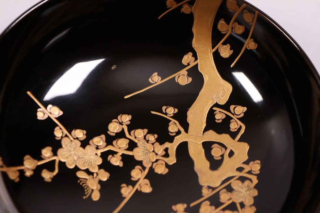【CM232】古い木皿 五客 梅 金蒔絵 黒塗 小皿 菓子皿 木製漆器 大正昭和