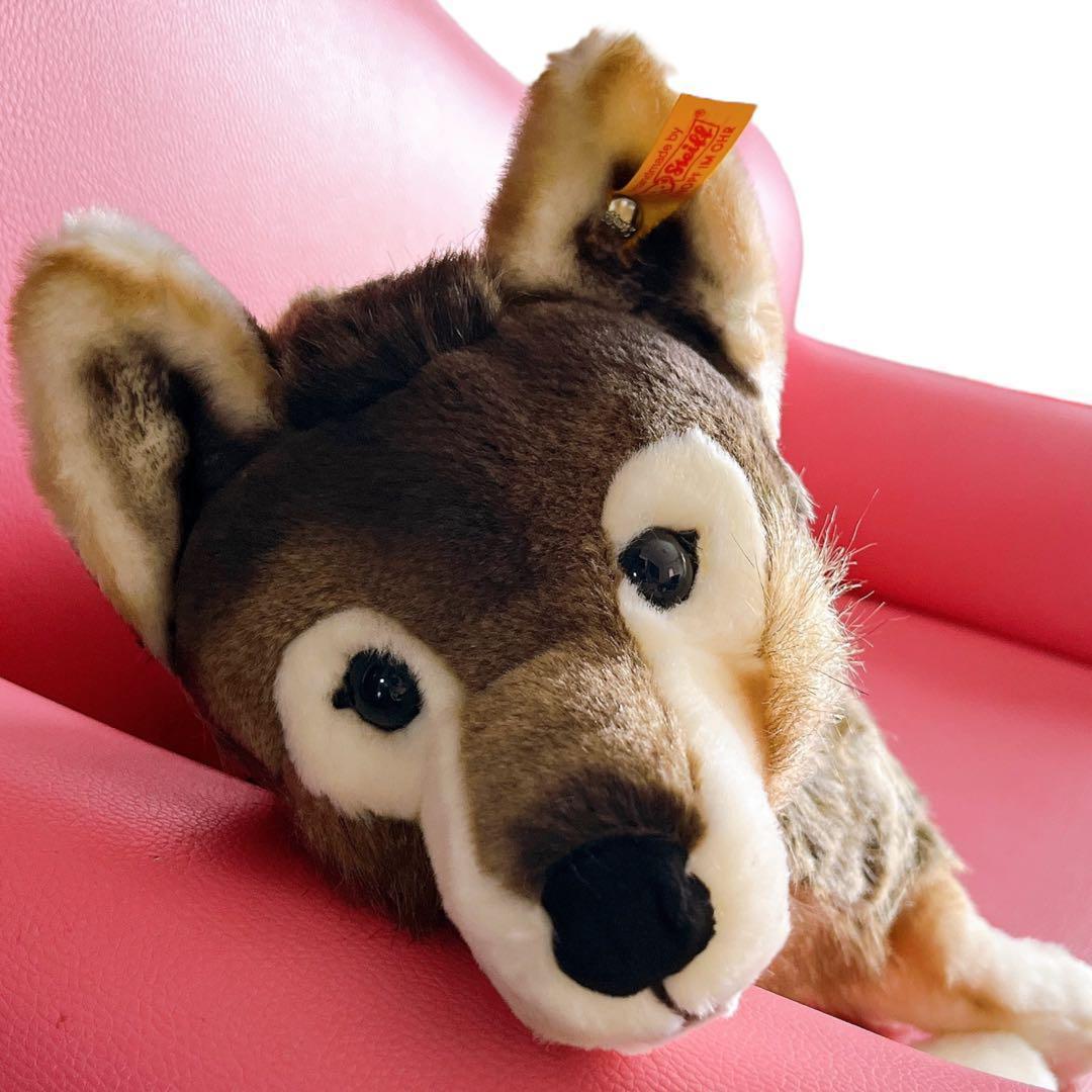 希少 シュタイフ オオカミ ぬいぐるみ 正規品 40cm 狼 横座り ブラウン