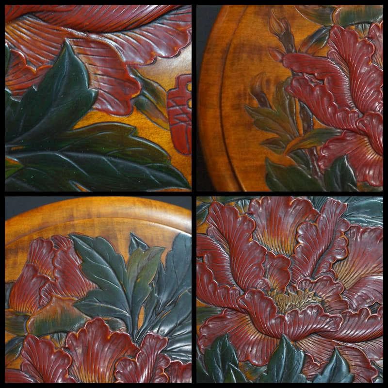 煎茶道具 烏城彫 栃材 細工彫り『牡丹文』刳り貫き大型茶櫃 茶びつ 茶ひつ取込盆