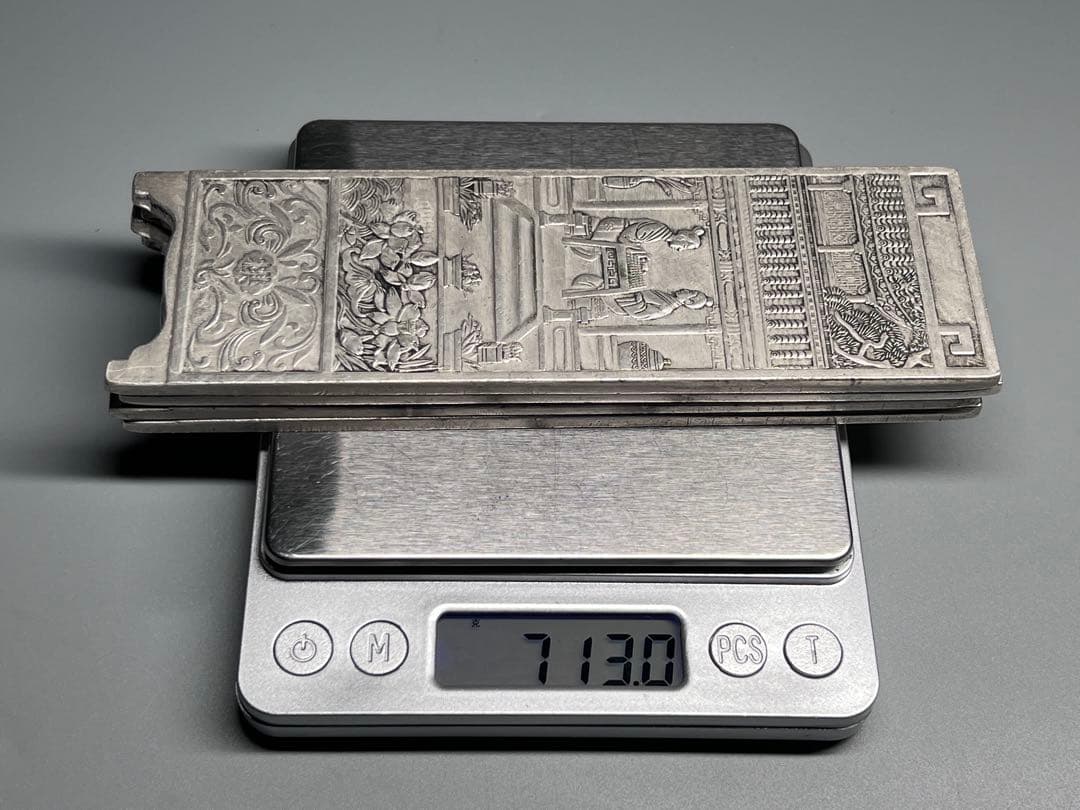 中国美術　琴棋書画4枚セット　文鎮　金属工芸　浮彫　刻印あり　厚重　コレクション